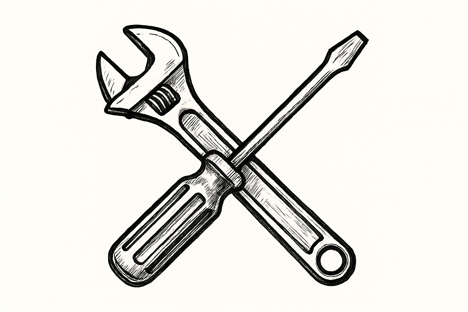 please make the tools cross each other forming an X design, use drawn image style instead of photo realistic